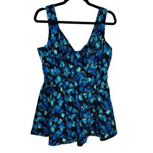 Azul Sz 20W Blue Floral One-Piece Swim Dress With Built-In Bra and Bottoms